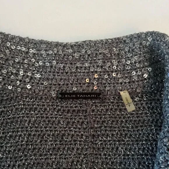Elie Tahari Y2K Crop Glittery Jacket Womens Small Crochet Sequined Blazer Gray - Picture 9 of 11